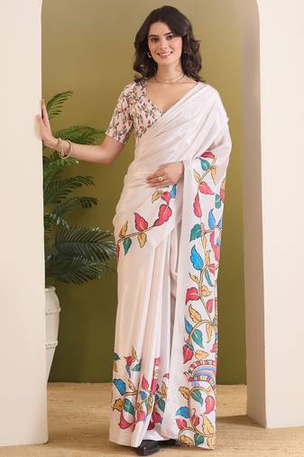 white smart and ethnic satin fabric ready to wear ceremonial saree