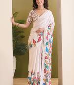 white smart and ethnic satin fabric girlie ready to wear ceremonial saree