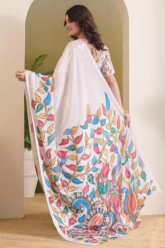 white smart and ethnic satin fabric girlie ready to wear ceremonial saree