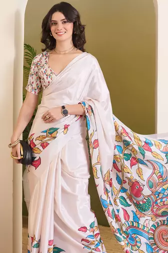 white smart and ethnic satin fabric girlie ready to wear ceremonial saree