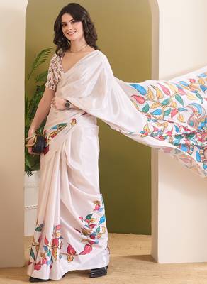 white smart and ethnic satin fabric girlie ready to wear ceremonial saree 4