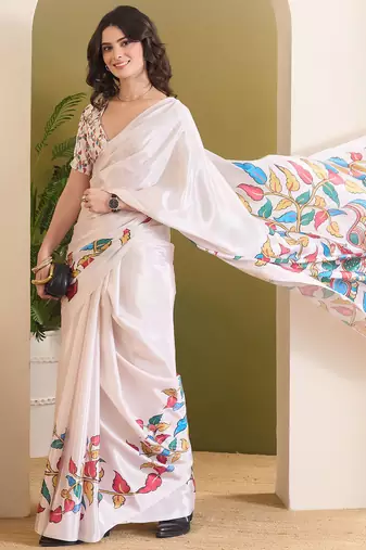 white smart and ethnic satin fabric girlie ready to wear ceremonial saree