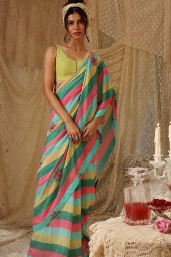 multy smart and ethnic satin fabric girlie ready to wear ceremonial saree