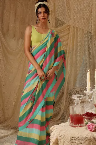 multy smart and ethnic satin fabric girlie ready to wear ceremonial saree