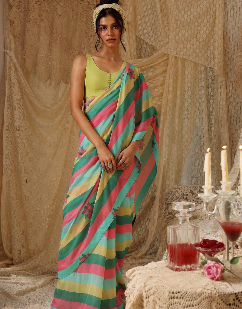 multy smart and ethnic satin fabric girlie ready to wear ceremonial saree