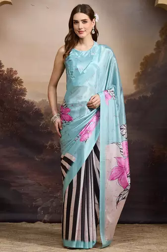 sea green smart and ethnic satin fabric girlie ready to wear ceremonial saree