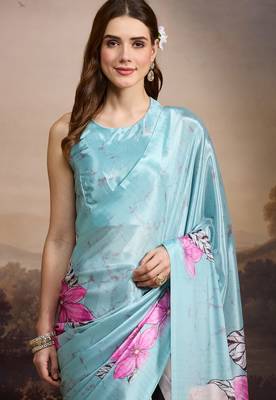 sea green smart and ethnic satin fabric girlie ready to wear ceremonial saree 3