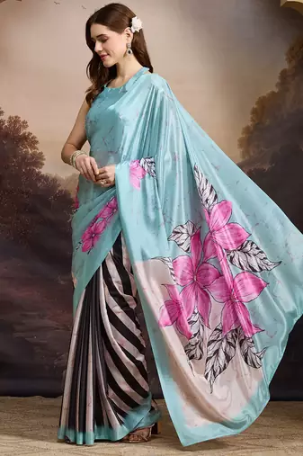 sea green smart and ethnic satin fabric girlie ready to wear ceremonial saree