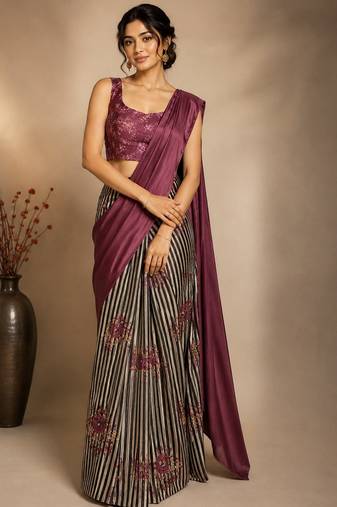 wine smart and ethnic satin fabric girlie ready to wear ceremonial saree