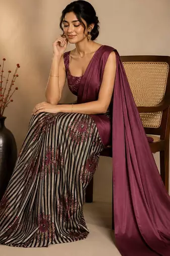 wine smart and ethnic satin fabric girlie ready to wear ceremonial saree