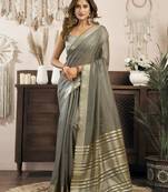 grey ethnic khadi cotton blend fabric woven designer traditional rich saree