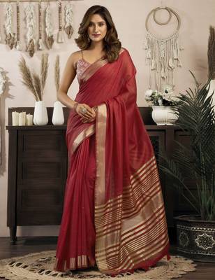 maroon ethnic khadi cotton blend fabric woven designer traditional rich saree 1