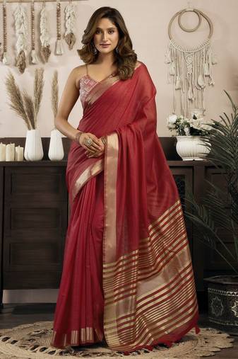 maroon ethnic khadi cotton blend fabric woven designer traditional rich saree