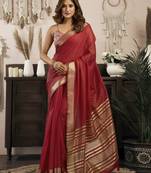maroon ethnic khadi cotton blend fabric woven designer traditional rich saree
