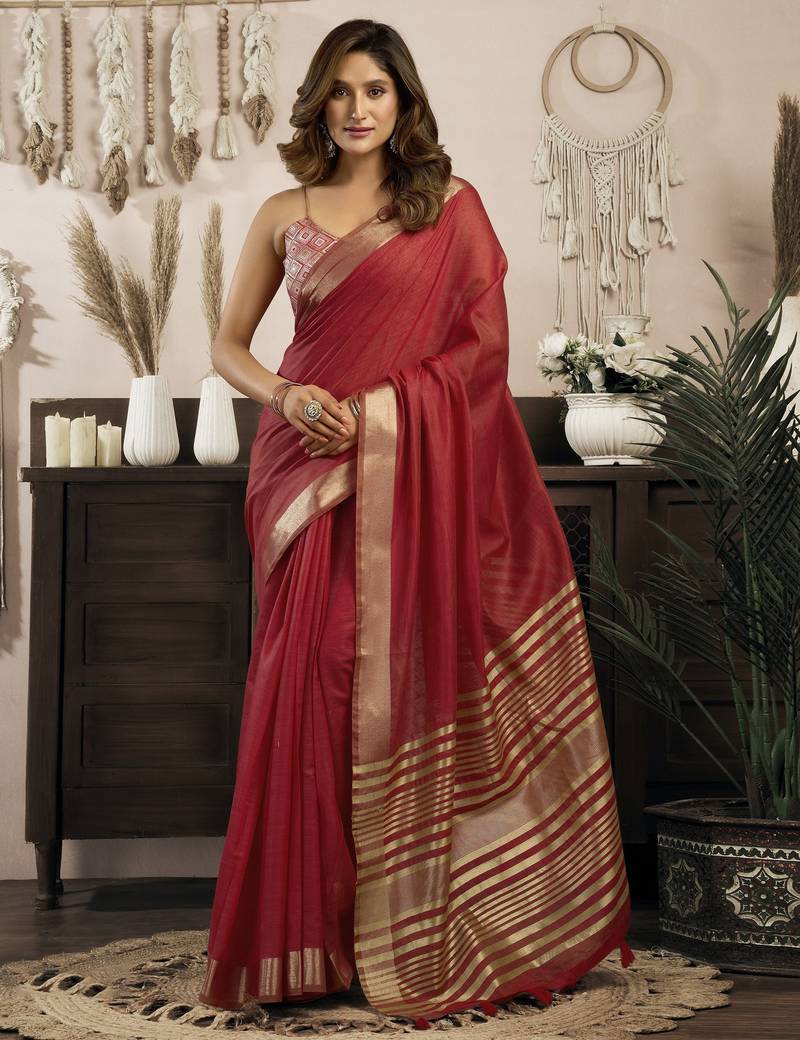 maroon ethnic khadi cotton blend fabric woven designer traditional rich saree