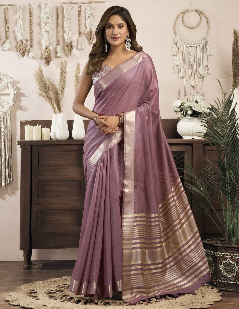 lavender ethnic khadi cotton blend fabric woven designer traditional rich saree