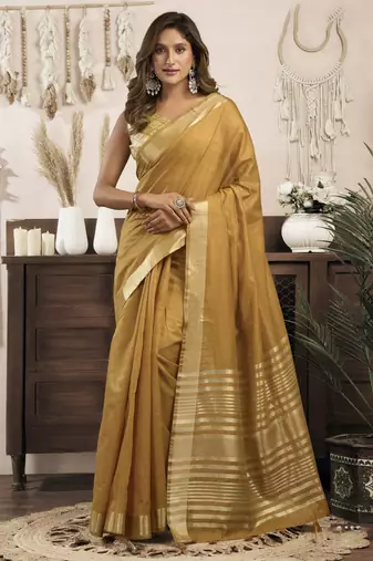 mustard ethnic khadi cotton blend fabric woven designer traditional rich saree