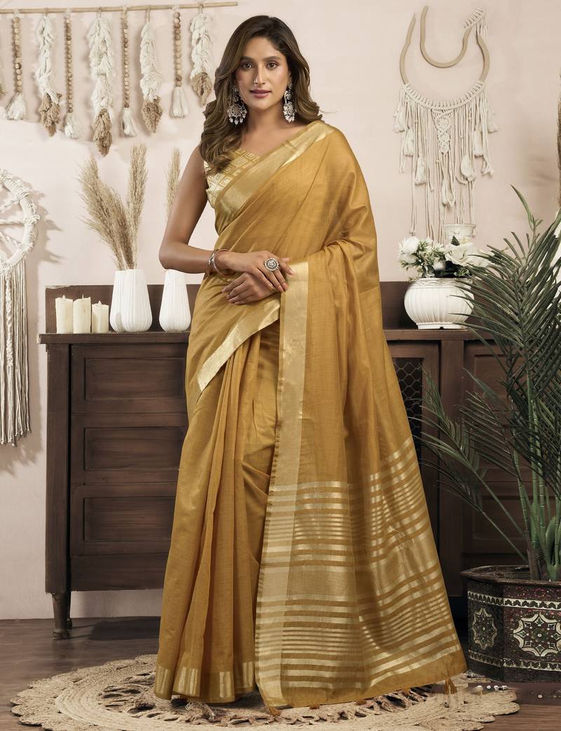 mustard ethnic khadi cotton blend fabric woven designer traditional rich saree