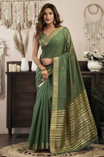 green ethnic khadi cotton blend fabric woven designer traditional rich saree
