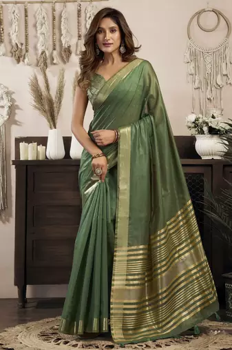 green ethnic khadi cotton blend fabric woven designer traditional rich saree