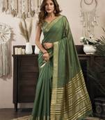 green ethnic khadi cotton blend fabric woven designer traditional rich saree
