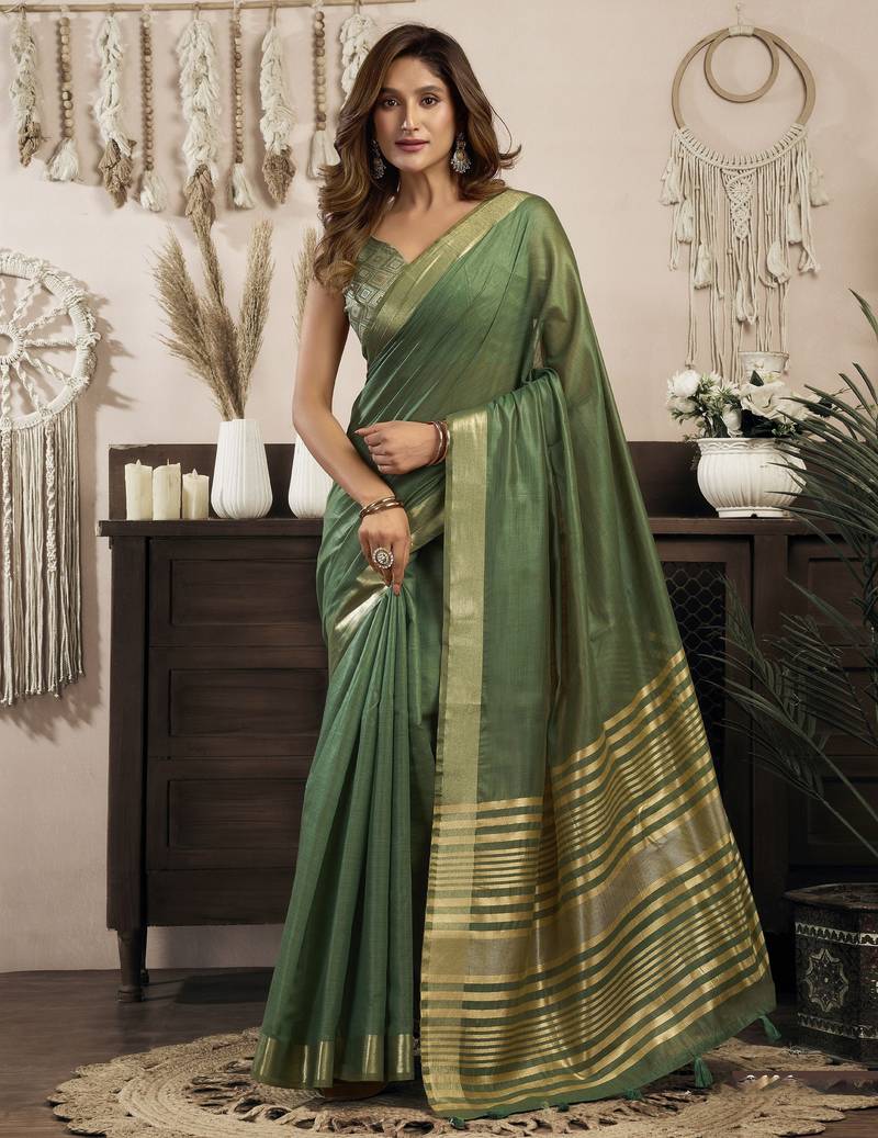 green ethnic khadi cotton blend fabric woven designer traditional rich saree