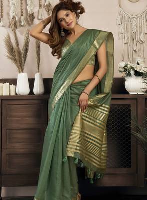 green ethnic khadi cotton blend fabric woven designer traditional rich saree 2
