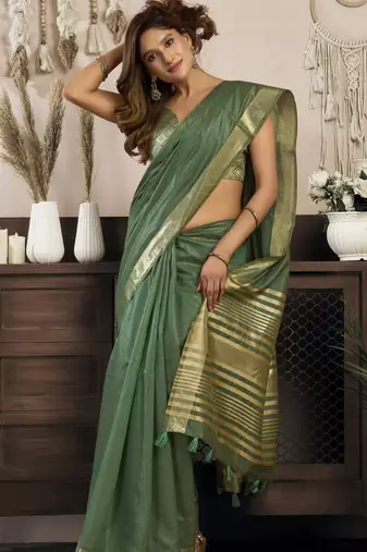 green ethnic khadi cotton blend fabric woven designer traditional rich saree
