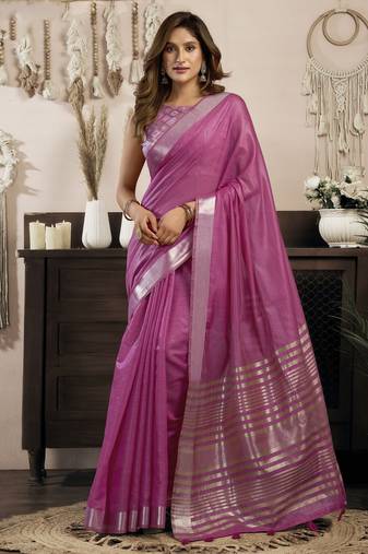 pink ethnic khadi cotton blend fabric woven designer traditional rich saree