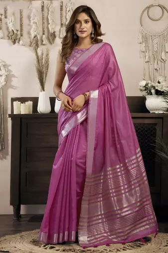 pink ethnic khadi cotton blend fabric woven designer traditional rich saree