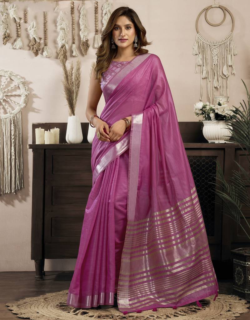 pink ethnic khadi cotton blend fabric woven designer traditional rich saree
