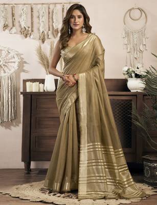 beige ethnic khadi cotton blend fabric woven designer traditional rich saree 1