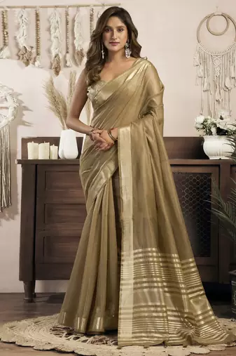 beige ethnic khadi cotton blend fabric woven designer traditional rich saree