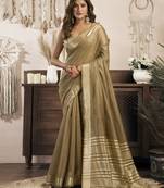 beige ethnic khadi cotton blend fabric woven designer traditional rich saree
