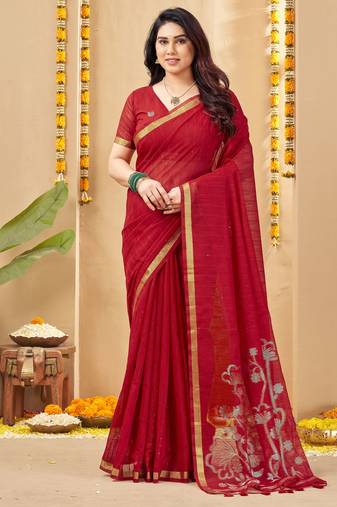 red smart linen fabric weaving jari designer saree