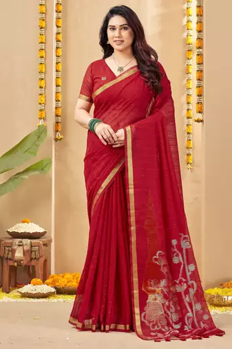 red smart linen fabric weaving jari designer saree