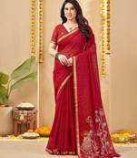 red smart linen fabric weaving jari designer saree