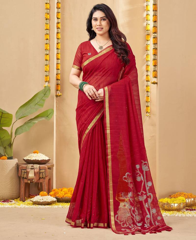 red smart linen fabric weaving jari designer saree