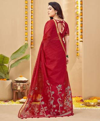 red smart linen fabric weaving jari designer saree 2