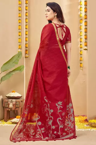 red smart linen fabric weaving jari designer saree