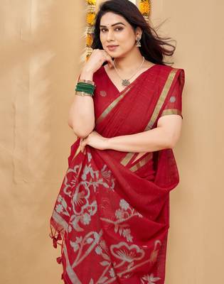red smart linen fabric weaving jari designer saree 3