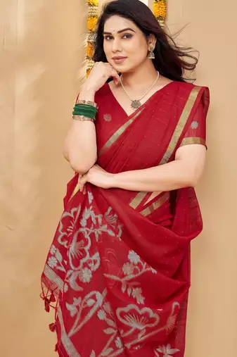 red smart linen fabric weaving jari designer saree