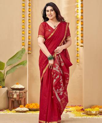 red smart linen fabric weaving jari designer saree 4