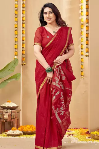 red smart linen fabric weaving jari designer saree