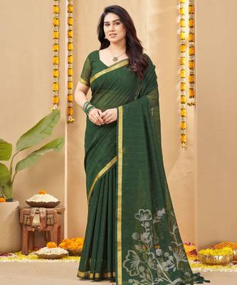 green smart linen fabric weaving jari designer saree 1