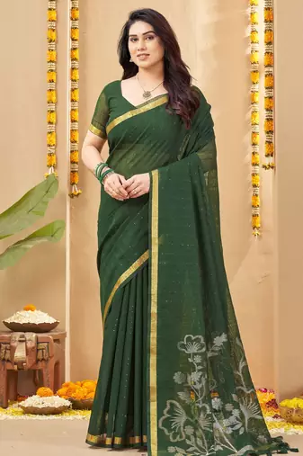 green smart linen fabric weaving jari designer saree