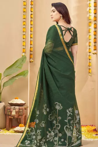 green smart linen fabric weaving jari designer saree