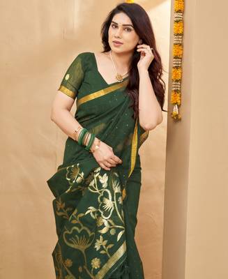 green smart linen fabric weaving jari designer saree 3