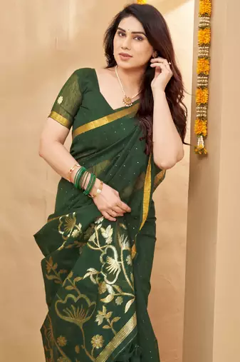 green smart linen fabric weaving jari designer saree
