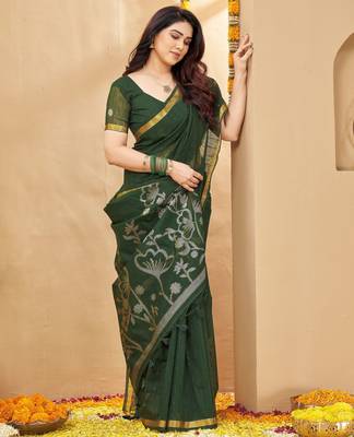 green smart linen fabric weaving jari designer saree 4